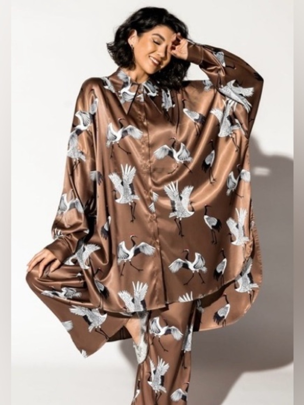 Dressed in Lala Posh Satin Shirt in Eternal Youth Cranes - Picture 6 of 13